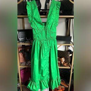 SELF-PORTRAIT: RUFFLED V-NECK COTTON-POPLIN MAXI DRESS IN GREEN
